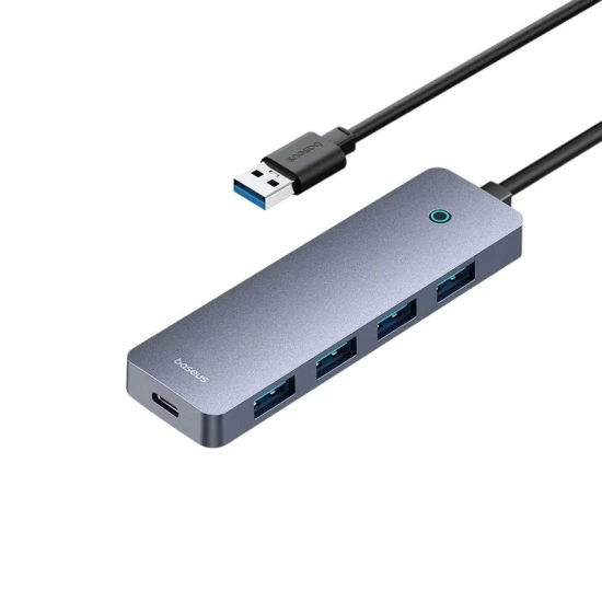 Szary hub Baseus B0005280B811-10 z czterema portami USB 3.0 i portem USB-C do zasilania.