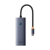 Szary aluminiowy hub USB-C Baseus UltraJoy 5w1 z HDMI, portami USB i wejściem Power Delivery.
