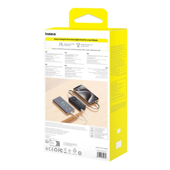 Baseus Free2Pull powerbank 10000 mAh 30 W zwijany kabel czarny