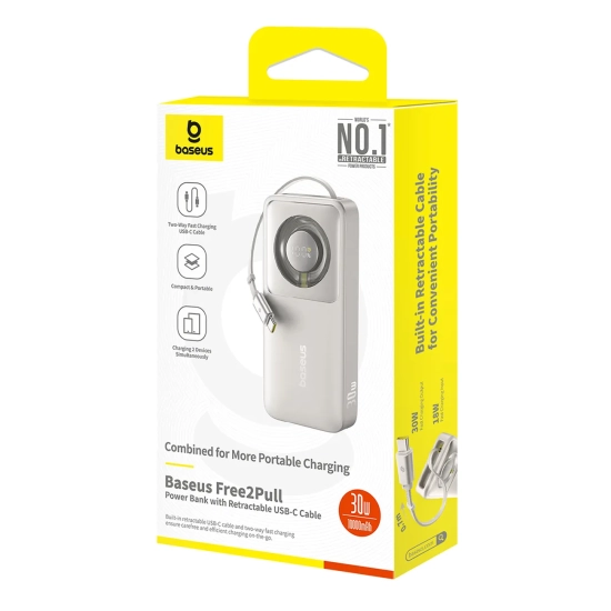 Baseus Free2Pull powerbank 10000 mAh 30 W zwijany kabel szary