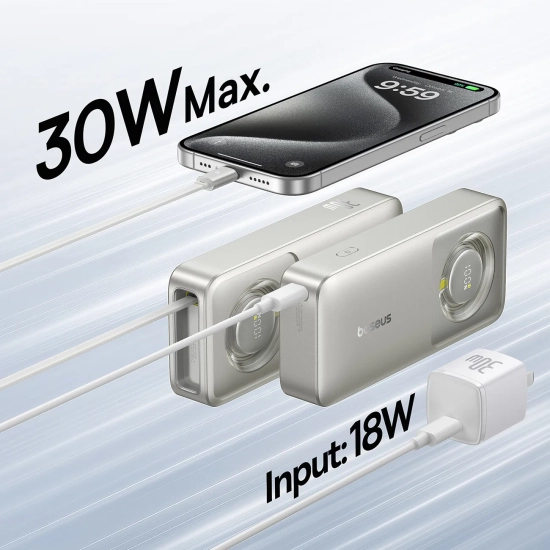 Baseus Free2Pull powerbank 10000 mAh 30 W zwijany kabel szary