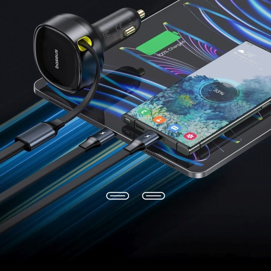 Ładowarka samochodowa 2w1 z dwoma przewodami USB-C 33W - czarna