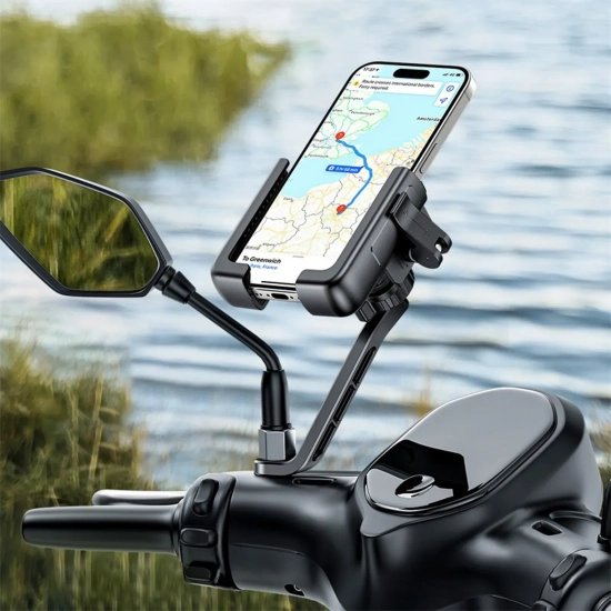 Uchwyt motocyklowy z amortyzacją na telefon do lusterka - czarny