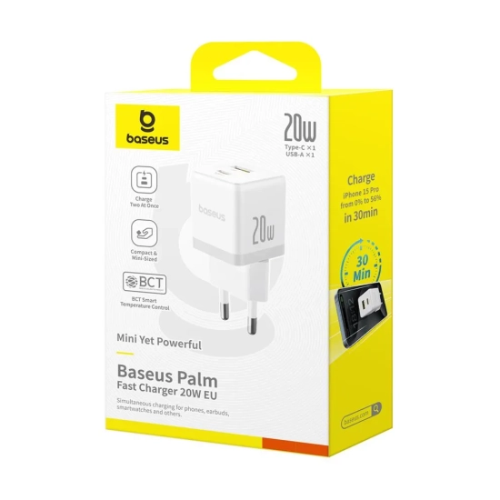 Baseus Palm ładowarka sieciowa 20 W USB-C USB-A biała