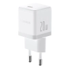 Biała ładowarka sieciowa Baseus Palm 1C 20 W z jednym portem USB-C i dołączonym białym przewodem USB-C.