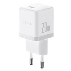 Biała ładowarka sieciowa Baseus Palm 1C 20 W z jednym portem USB-C i dołączonym białym przewodem USB-C.