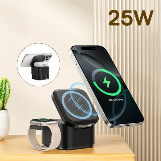 Ładowarka indukcyjna 3w1 do telefonu smartwatcha MagSafe 25W - czarna