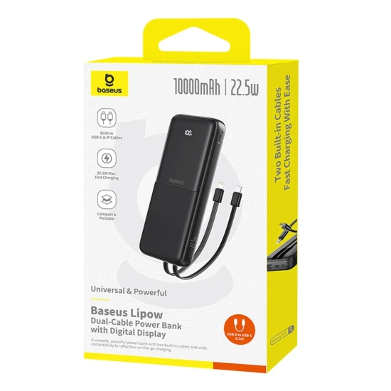Powerbank 10000mAh 22.5W z wyświetlaczem kablami USB-C iPhone Lightning