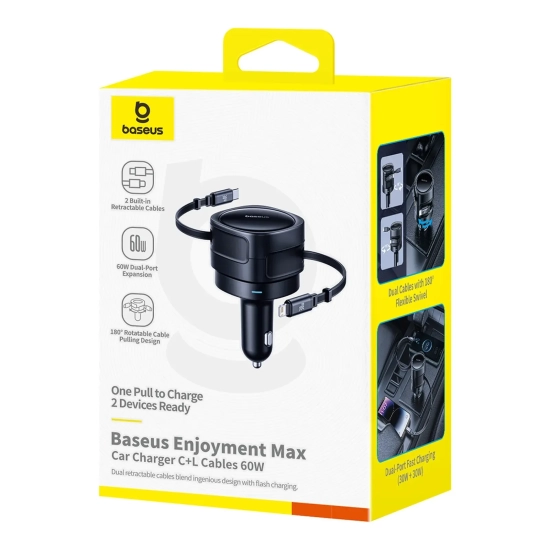 Ładowarka samochodowa ze zwijanymi kablami USB-C iPhone Lightning 60W