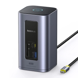 Szara pionowa stacja dokująca Baseus NU1 Air Spacemate 12w1 z portami HDMI, USB, RJ45 i czytnikami kart.