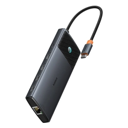 Szary aluminiowy hub USB-C Baseus Metal Gleam II 10w1 z portami HDMI, USB, RJ45 oraz czytnikami kart.