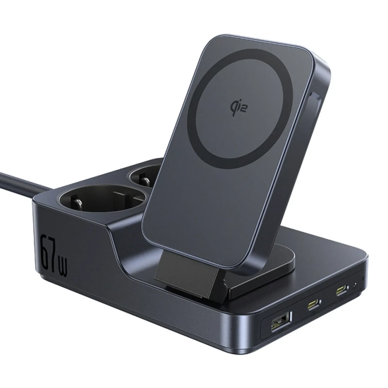 Stacja ładująca 6w1 bezprzewodowa USB-A USB-C 2x gniazdo AC 67W - czarna