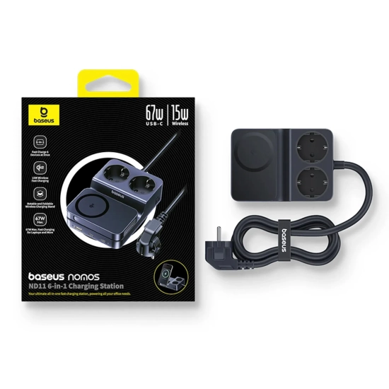 Stacja ładująca 6w1 bezprzewodowa USB-A USB-C 2x gniazdo AC 67W - czarna