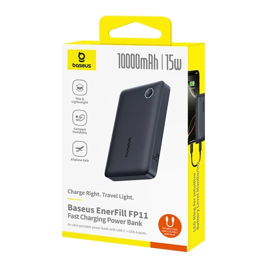 Powerbank 10000mAh 15W EnerFill FP11 z kablem USB-C 20V 3A 30cm - czarny