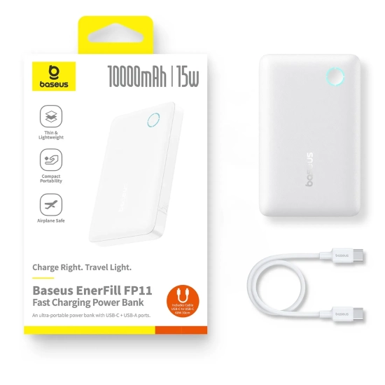 Powerbank 10000mAh 15W EnerFill FP11 z kablem USB-C 30cm - biały