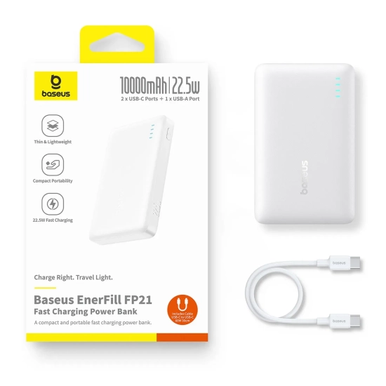 Powerbank 10000mAh 22.5W EnerFill FP21 USB-A USB-C z kablem USB-C - biały