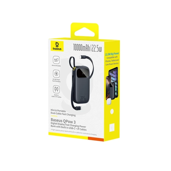 Powerbank 10000mAh 22.5W z wyświetlaczem kablami USB-C iPhone Lightning