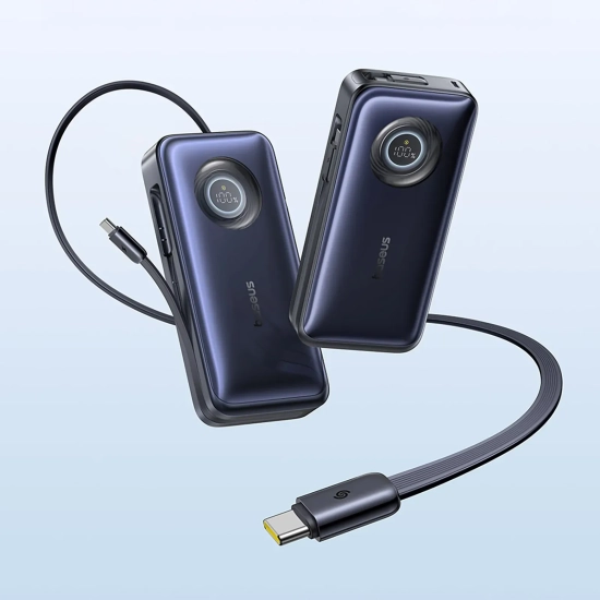 Powerbank 20000mAh 100W ze zwijanymi kablami USB-C - czarny