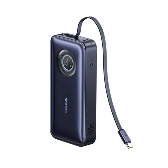Powerbank 20000mAh 100W ze zwijanymi kablami USB-C - czarny