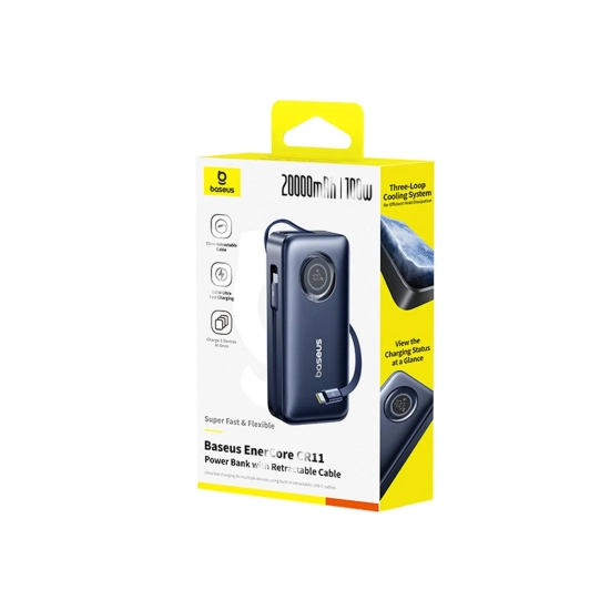 Baseus powerbank 20000 mAh 100 W zwijany kabel czarny