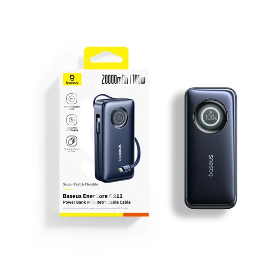 Baseus powerbank 20000 mAh 100 W zwijany kabel czarny