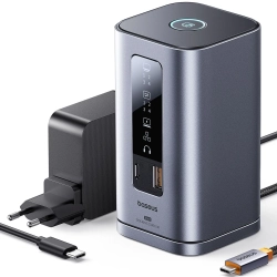 Szara pionowa stacja dokująca Baseus Spacemate RD1 11w1 USB-C z wieloma portami.