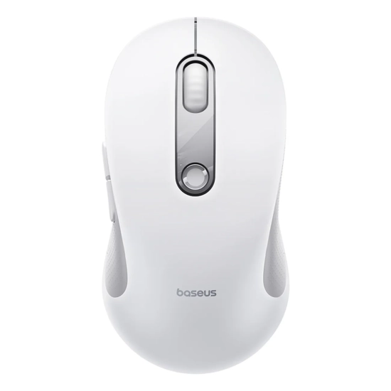 Biała ergonomiczna mysz Bluetooth Baseus F02 z rolką przewijania i profilowanym korpusem.