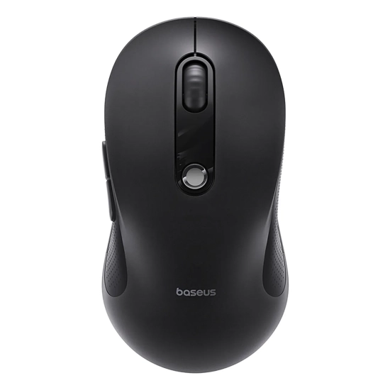 Czarna ergonomiczna mysz Bluetooth Baseus F02 z profilowanym korpusem i rolką przewijania.
