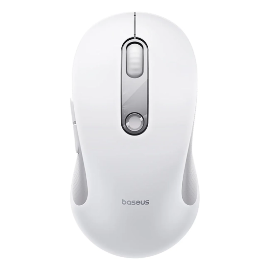 Biała ergonomiczna mysz bezprzewodowa Baseus F02 z odbiornikiem USB 2,4 GHz.