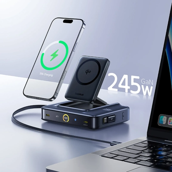 Stacja ładująca bezprzewodowa 6w1 ze zwijanymi kablami USB-C 245W - czarna
