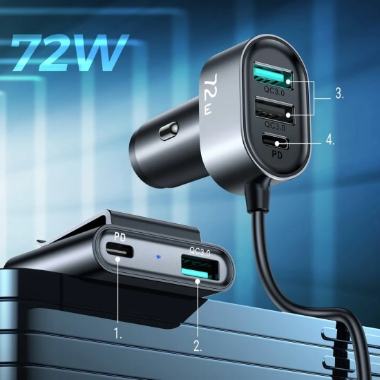 JOYROOM Ładowarka samochodowa 5 urządzeń 2xPD + 2xQC3.0 72W 1.5m czarna