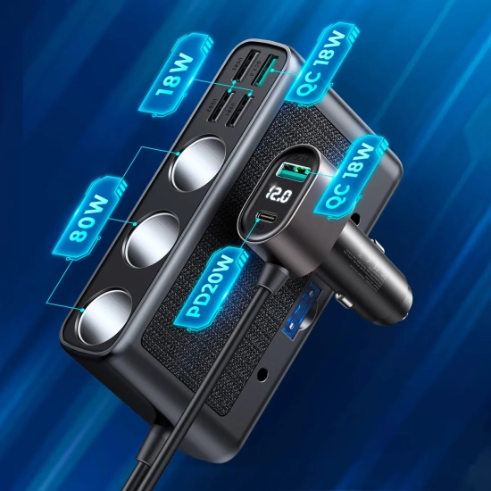 JOYROOM 9w1 ładowarka samochodowa rozdzielacz 5x USB 1x USB-C 3x gniazdo