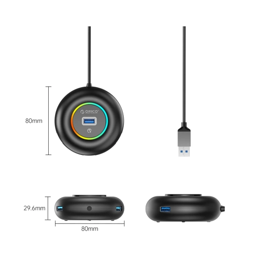 ORICO Hub adapter 4-portowy USB-A - USB-A mini jack RGB 0.3 m - czarny