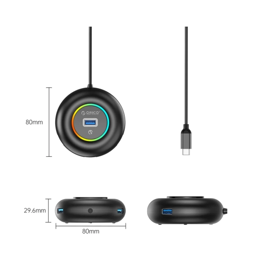 ORICO Hub adapter 4-portowy USB-C - USB-A mini jack RGB 1.8 m - czarny