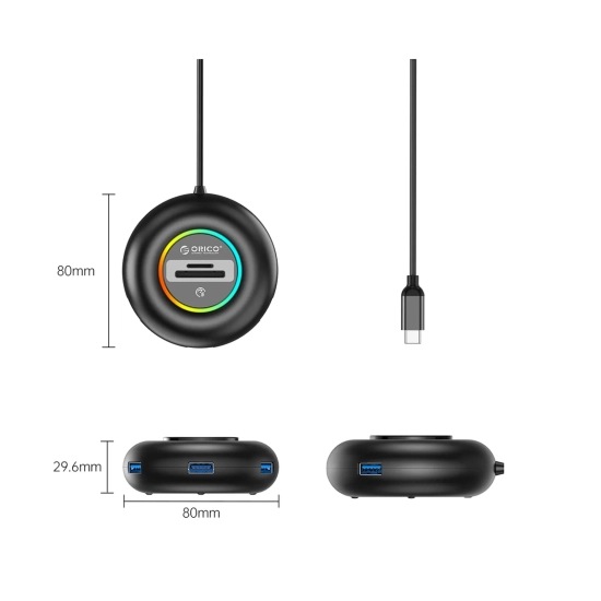 ORICO Hub adapter 4-portowy USB-C - USB-A SD microSD RGB 1.8 m - czarny