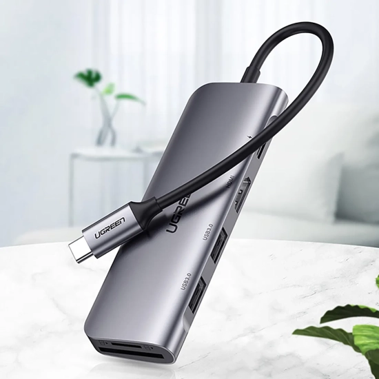 UGREEN 6w1 HUB adapter USB-C - HDMI USB-A USB-C PD czytnik SD TF - szary