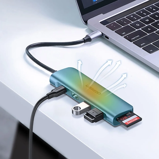 UGREEN 6w1 HUB adapter USB-C - HDMI USB-A USB-C PD czytnik SD TF - szary