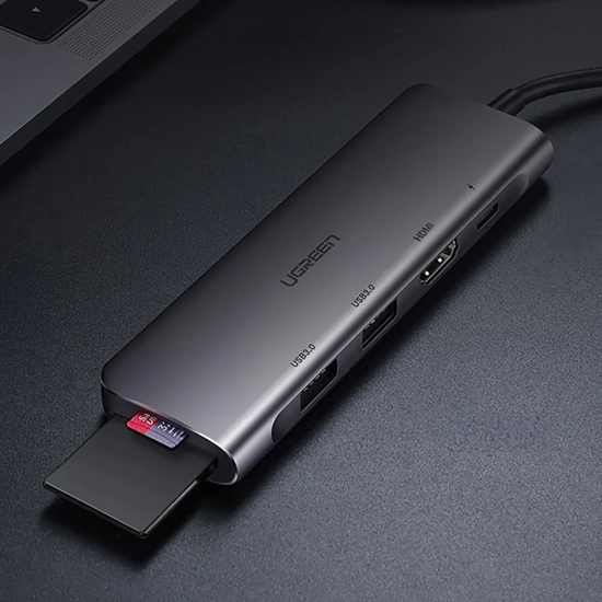 UGREEN 6w1 HUB adapter USB-C - HDMI USB-A USB-C PD czytnik SD TF - szary