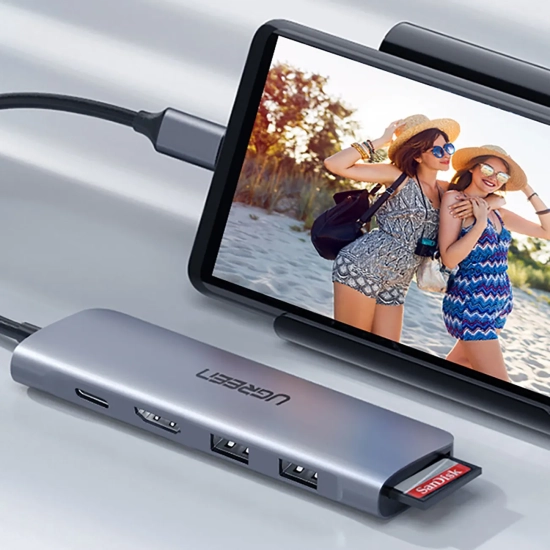 UGREEN 6w1 HUB adapter USB-C - HDMI USB-A USB-C PD czytnik SD TF - szary