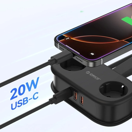 ORICO Listwa zasilająca 5w1 AC USB-A USB-C GaN 20W - czarna