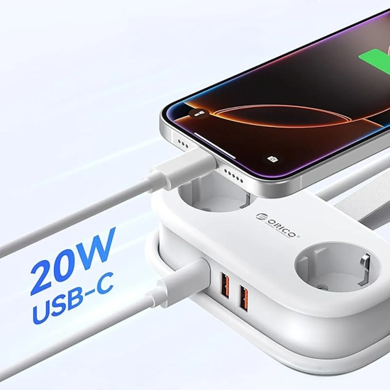 ORICO Listwa zasilająca 5w1 AC USB-A USB-C GaN 20W - biała