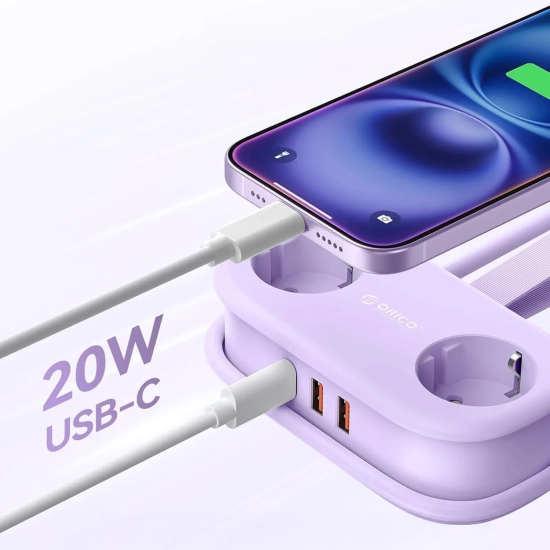 ORICO Listwa zasilająca 5w1 AC USB-A USB-C GaN 20W - fioletowa