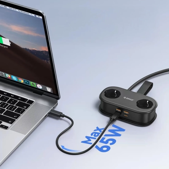 ORICO Listwa zasilająca 6w1 AC USB-A USB-C GaN 65W - czarna