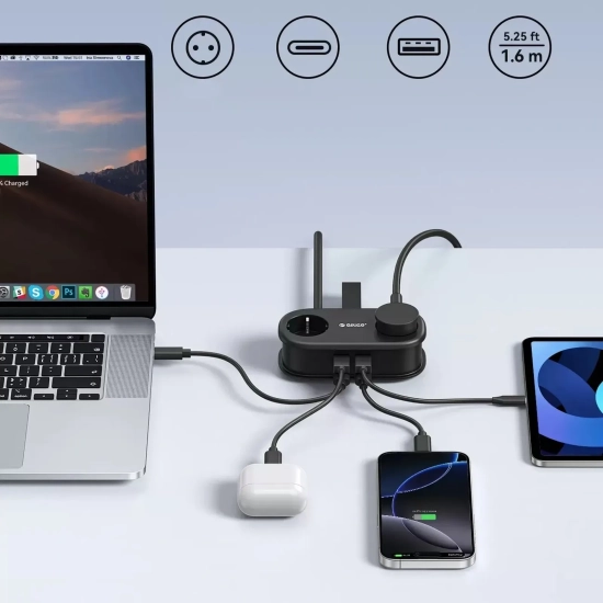 ORICO Listwa zasilająca 6w1 AC USB-A USB-C GaN 65W - czarna