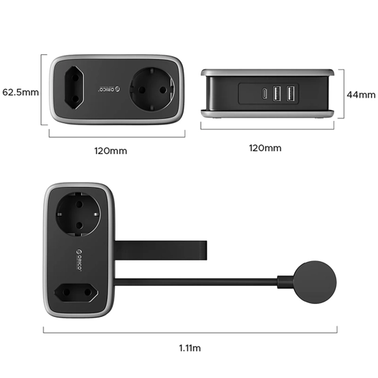 ORICO Listwa zasilająca 5w1 AC USB-A USB-C 15.5W - czarna
