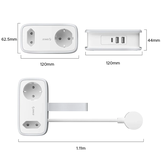 ORICO Listwa zasilająca 5w1 AC USB-A USB-C 15.5W - biała