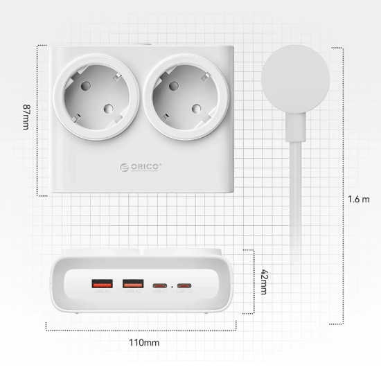 ORICO Listwa zasilająca 6w1 AC USB-A USB-C 25W - biała