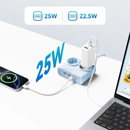 ORICO Listwa zasilająca 6w1 AC USB-A USB-C 25W - niebieska