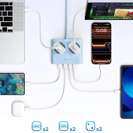 ORICO Listwa zasilająca 6w1 AC USB-A USB-C 25W - niebieska