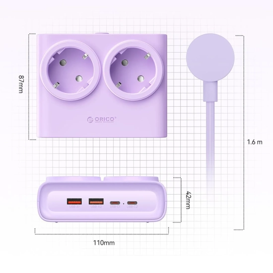 ORICO Listwa zasilająca 6w1 AC USB-A USB-C 25W - fioletowa